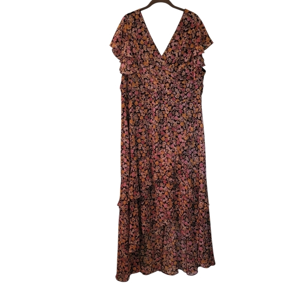 City Chic Wmns Sz 20 Black Floral Ruffle Tiered High Low Maxi Dress Feminine